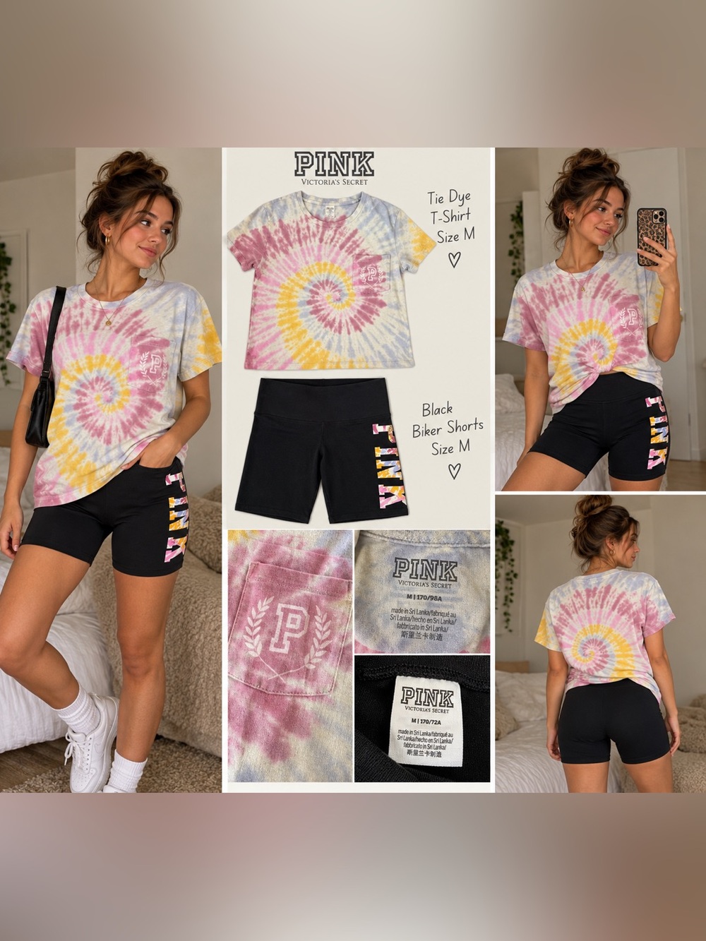 PINK Victoria's Secret Tie-Dye Tee & Black Biker Shorts Set - Pink/Yellow/Blue